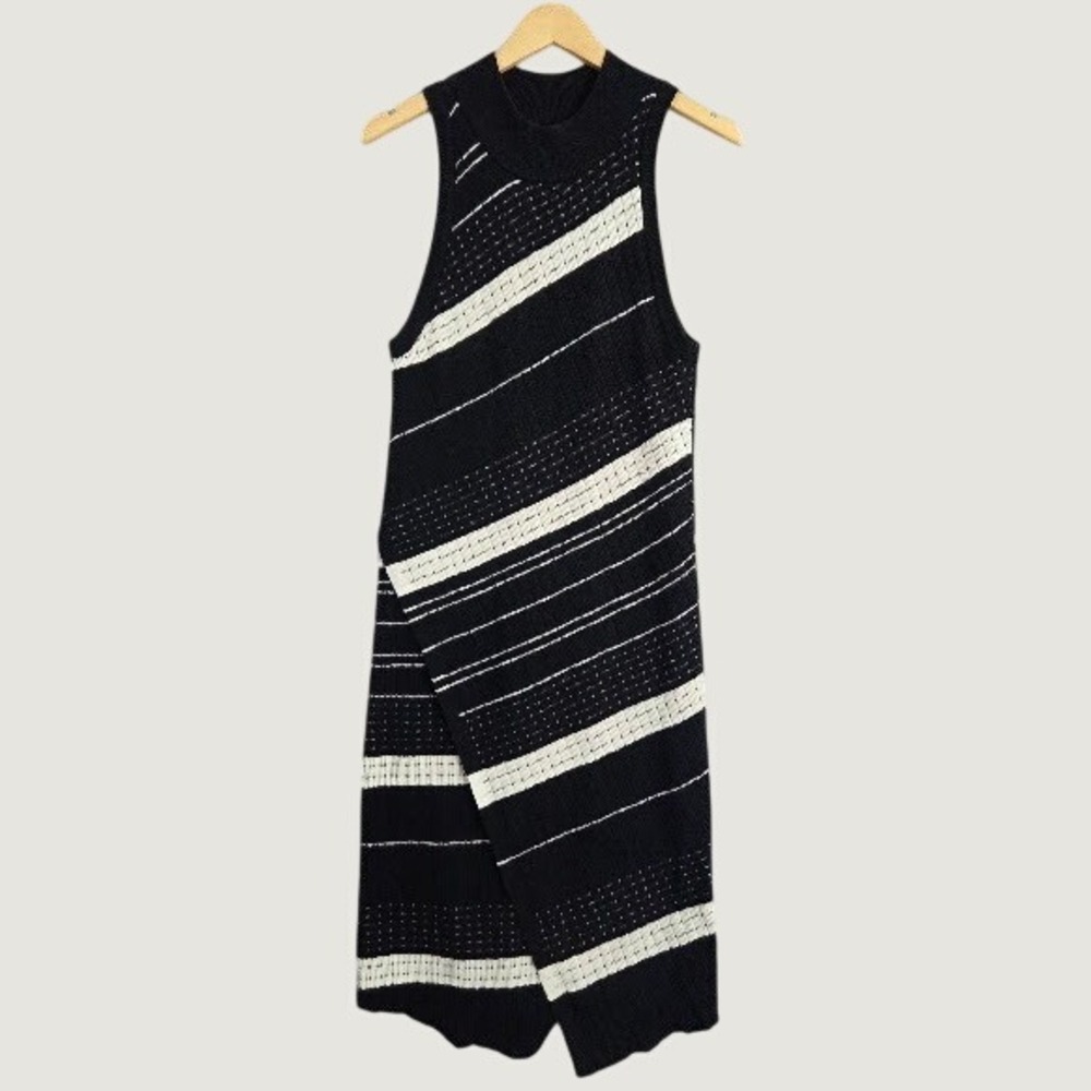 Moth Anthropologie Velda Dress Medium Black White Stripe Asymmetric Knit Midi